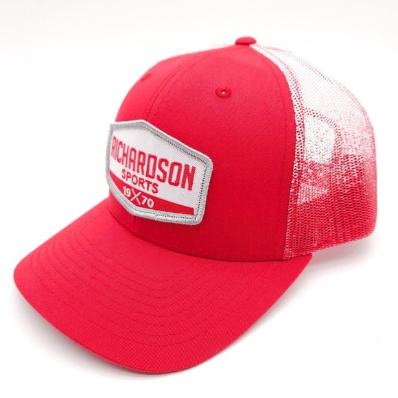 Richardson Sports 112 PM Mesh Snapback Trucker Hat Baseball Patch Cap Red White - Picture 1 of 7
